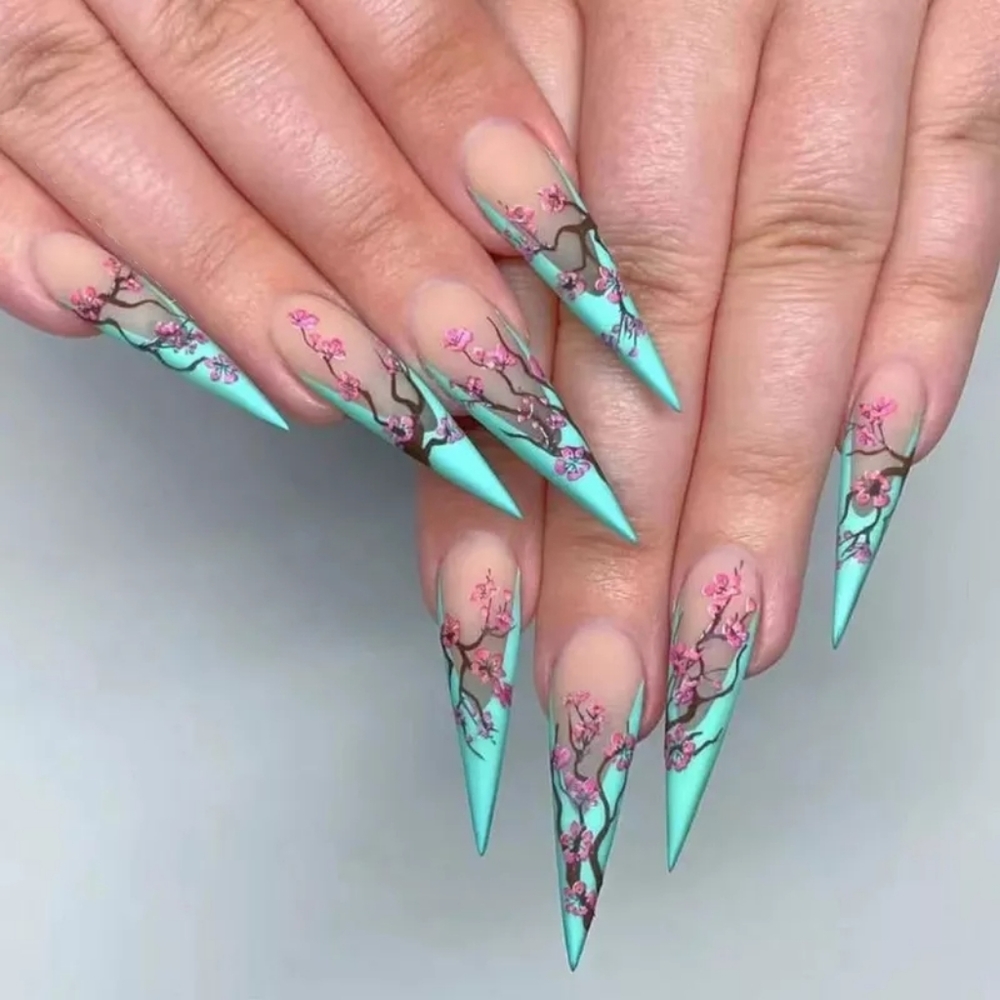 Arizona Green Iced Tea Matte Teal Cherry Blossom Stiletto Nails